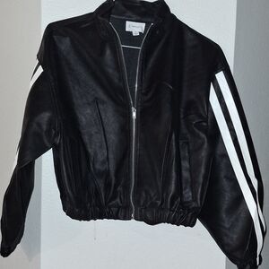 Black Faux Leather Med Jacket with White Stripes
